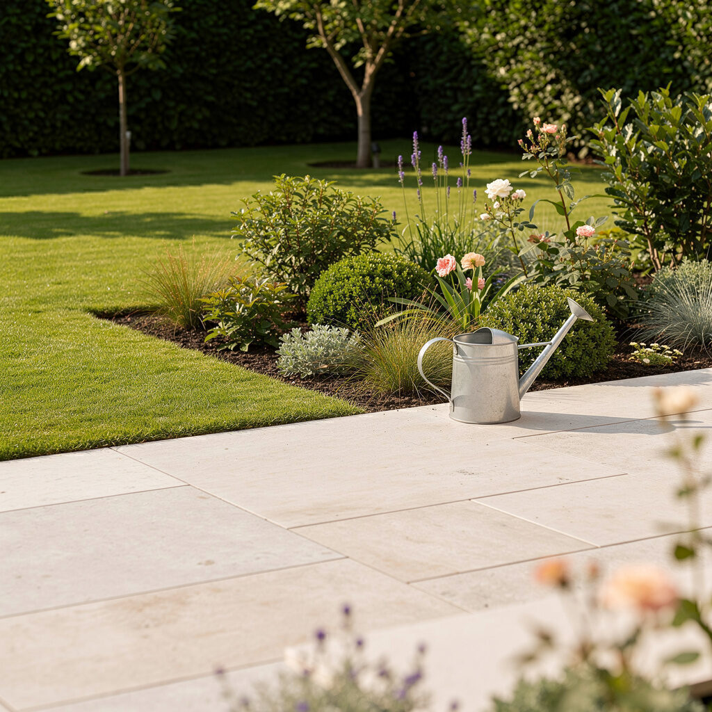 Galabau De Wit führt Pflasterarbeiten sowie Gartengestaltung an Rasen und Terrasse durch