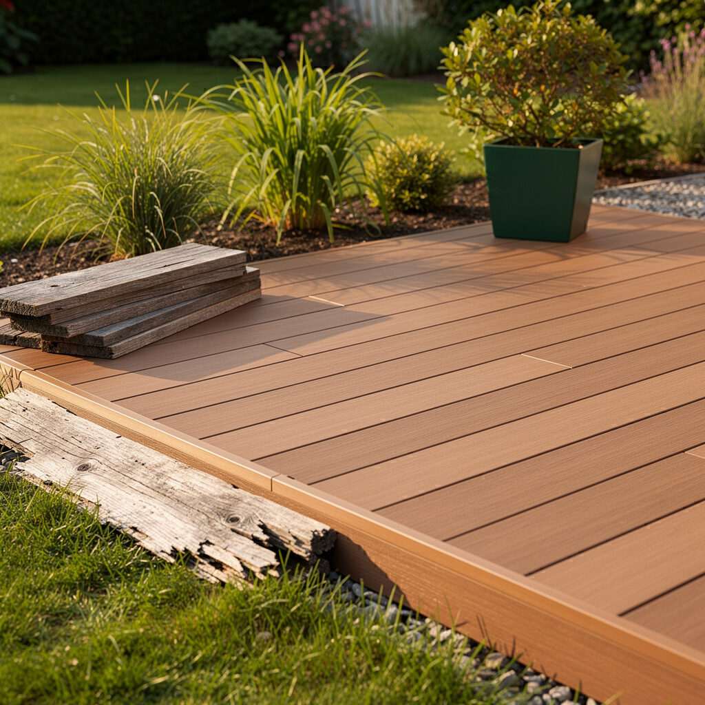 Neue WPC-Terrasse statt altem Holzbohlenbelag – Galabau De Wit
